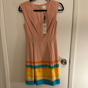 NWT Tracy Reese Blush Pink Midi Dress with Yellow, Teal and Orange Stripe Hem